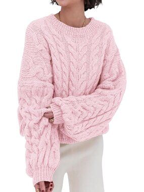 Women' Pink Acrylic Cable Knit Long Sleeve Oversized Crewneck Loose Sweaters